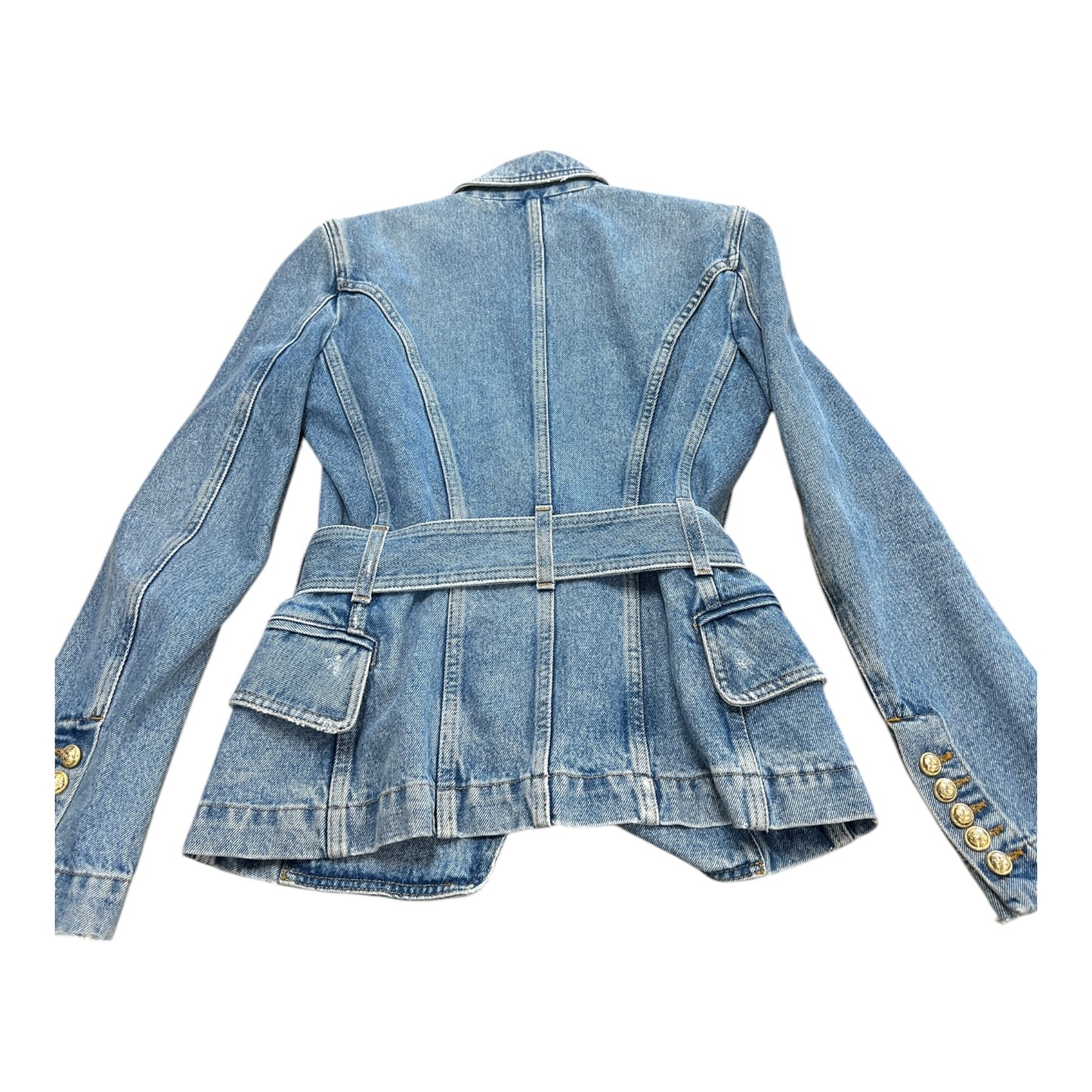 Blazer Luxury Designer By Balmain In Blue Denim, Size:S