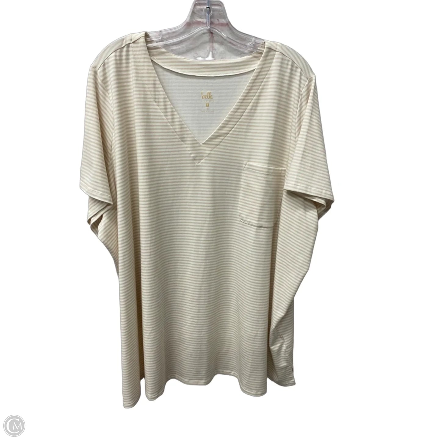 Top Short Sleeve By Belle By Kim Gravel In Tan & White, Size: 3x