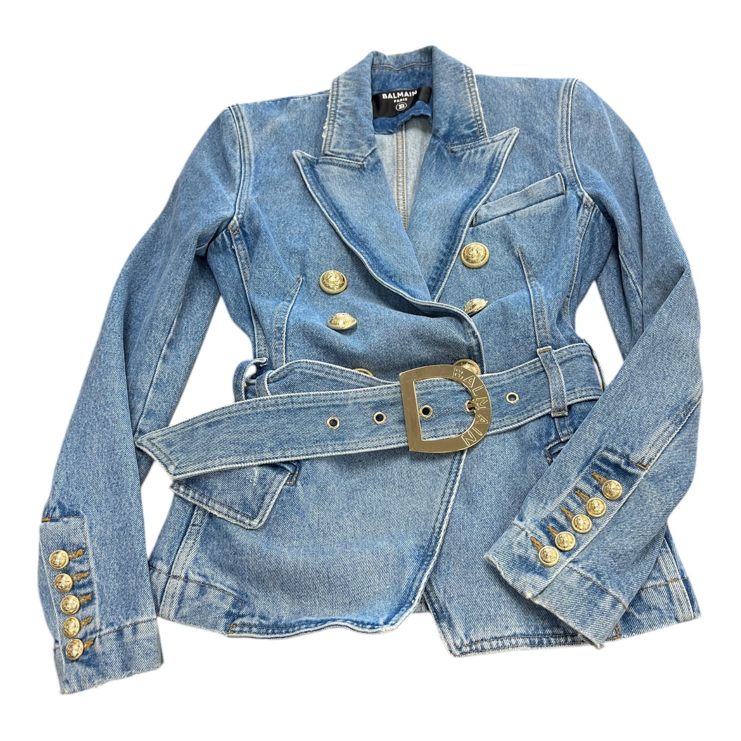 Blazer Luxury Designer By Balmain In Blue Denim, Size:S