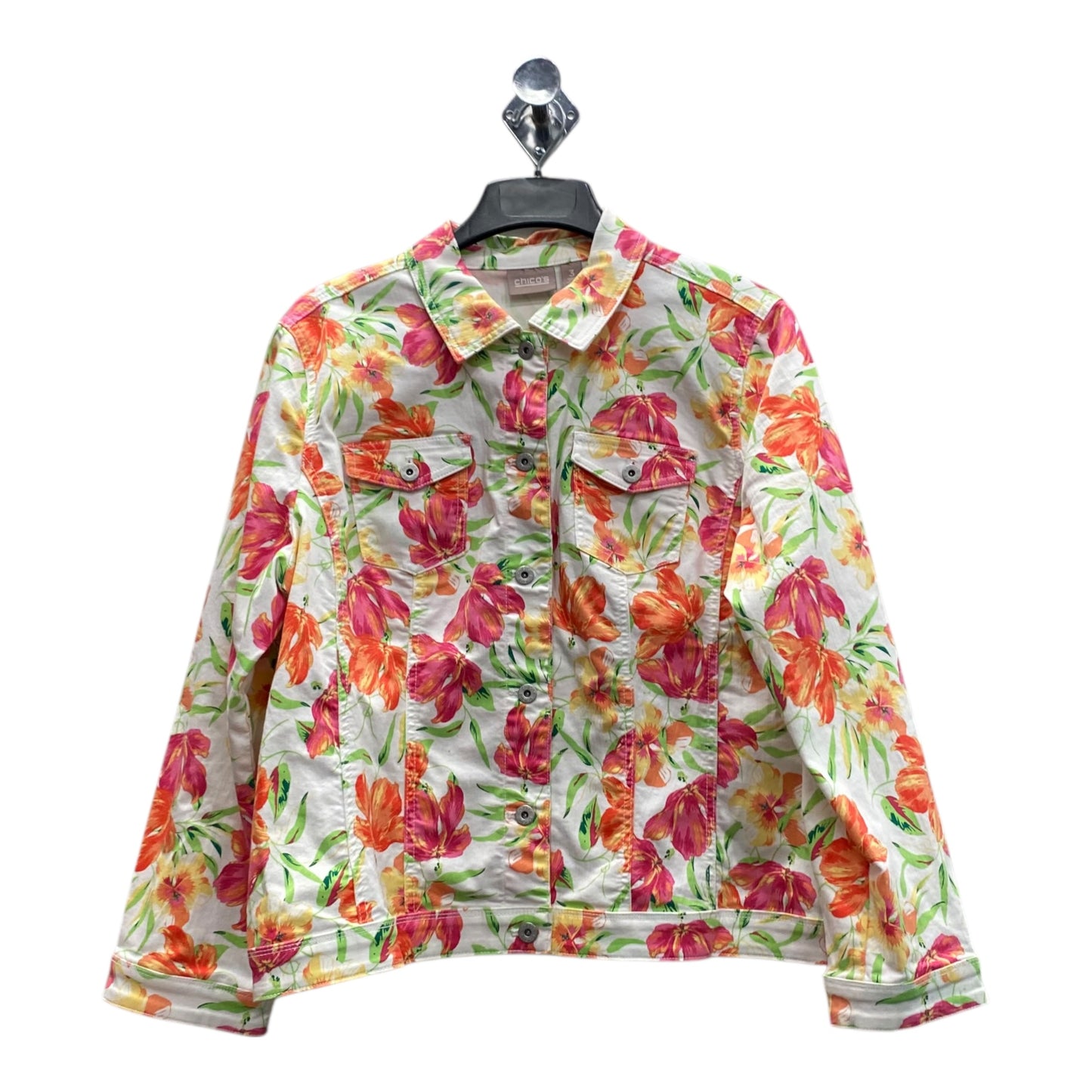 Jacket Denim By Chicos In Floral Print, Size:Xl