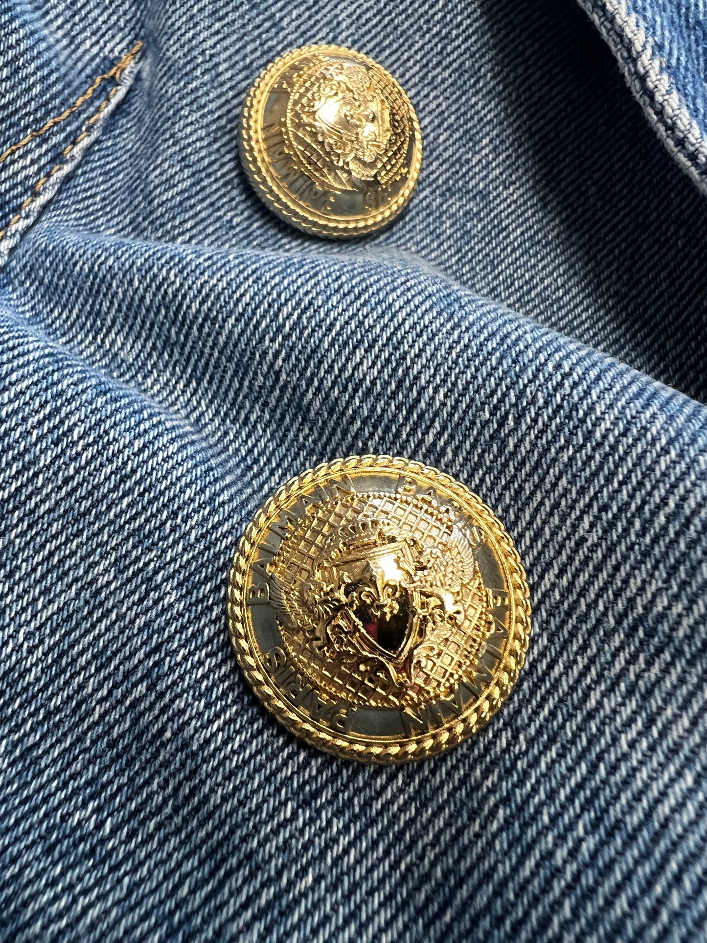 Blazer Luxury Designer By Balmain In Blue Denim, Size:S