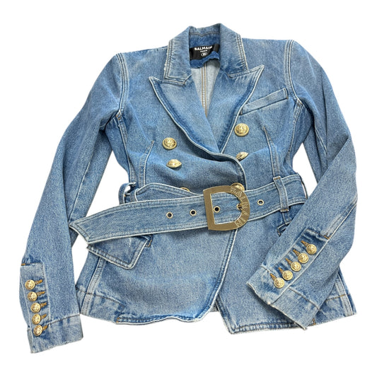 Blazer Luxury Designer By Balmain In Blue Denim, Size:S