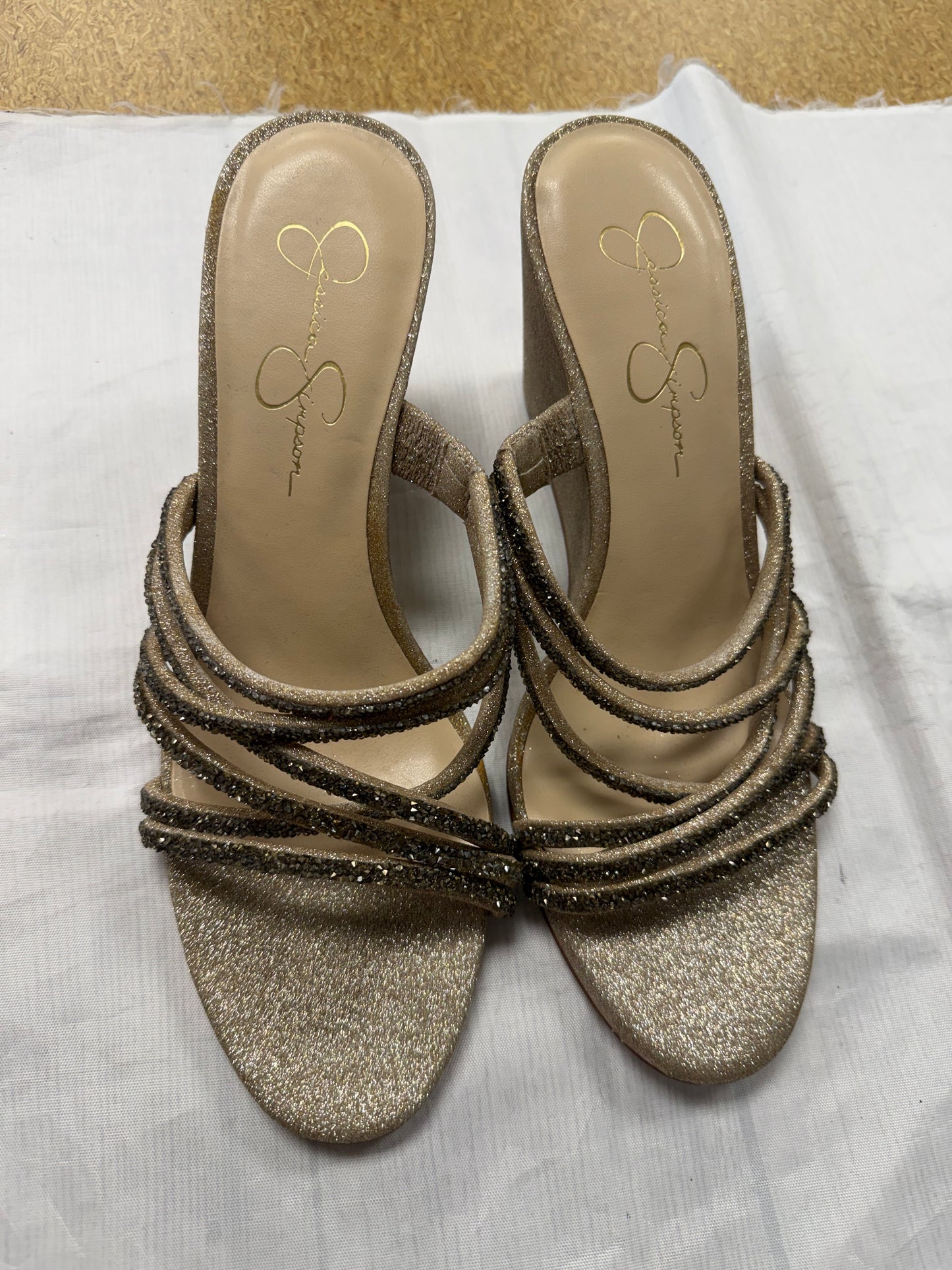 Sandals Heels Block By Jessica Simpson In Gold, Size:10.5